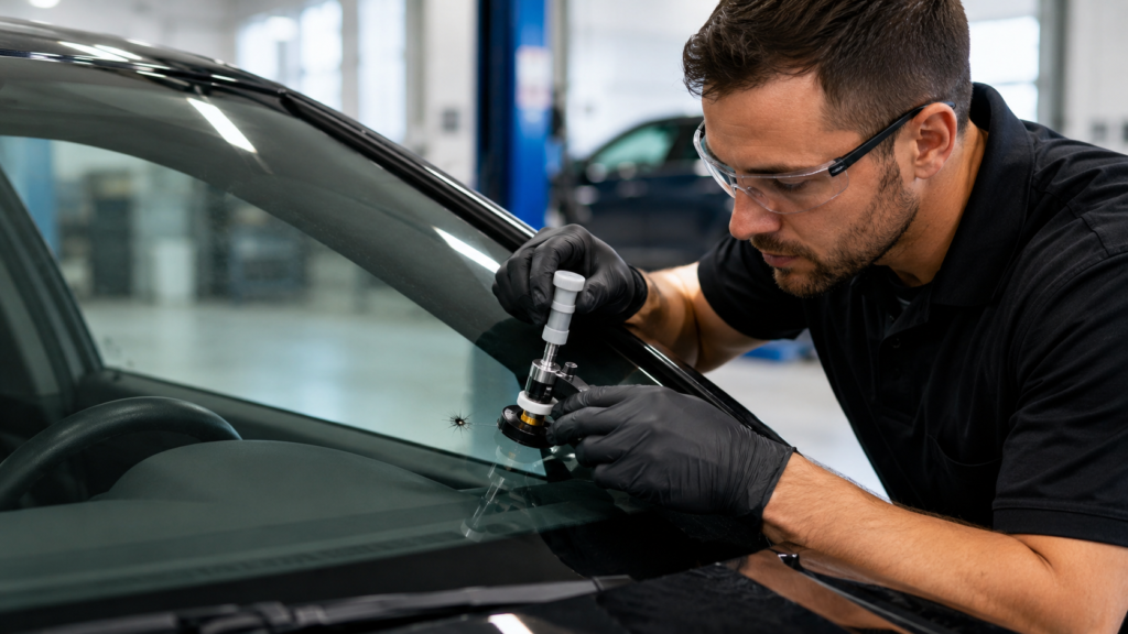 Car windshield repair in workshop